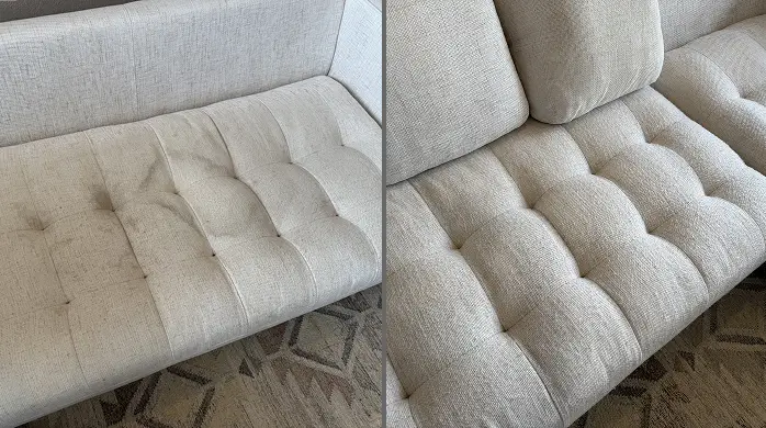 Before and after couch cleaning on a light beige tufted sofa, with spill marks removed from the seat
