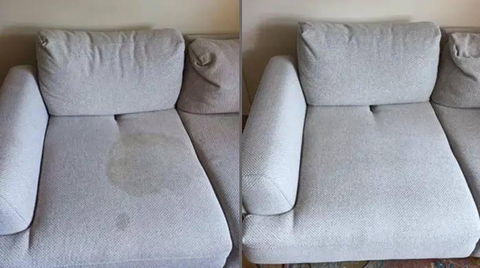 Before and after sofa cleaning on a light gray couch, with a large dog stain removed from the seat