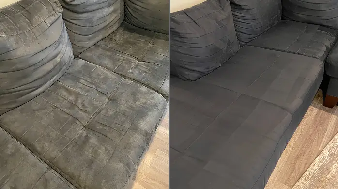 Before and after deep cleaning of a dark gray sectional, with heavy dirt and grime lifted from the cushions