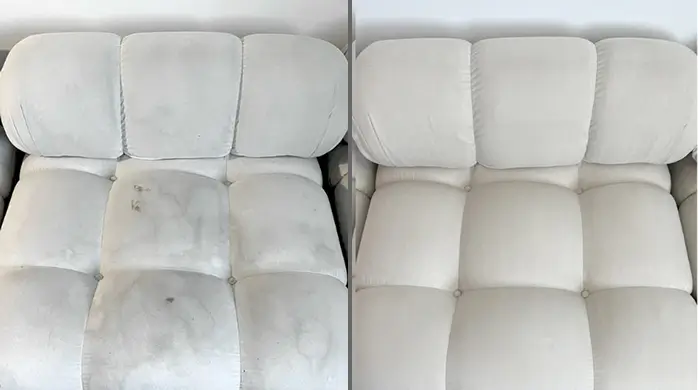 Before and after professional sofa cleaning on a white modular couch, with stains and gray marks gone