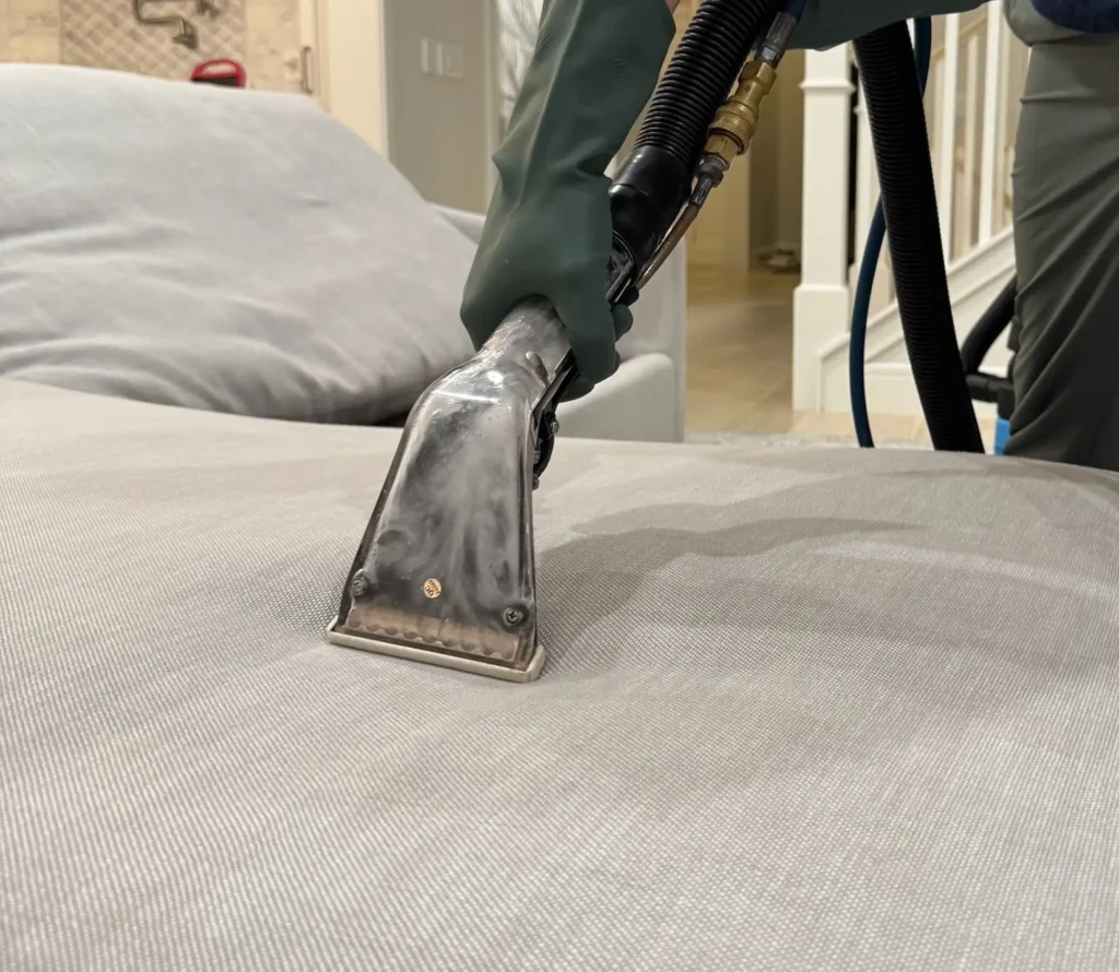 Сouch cleaning in Dallas removing deep stains and trapped dirt from fabric sofa
