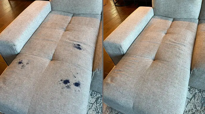 Kid ink stain removal from couch in Dallas showing upholstery before and after deep cleaning
