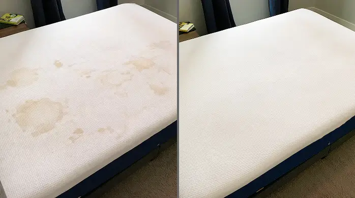 Mattress stain removal in Dallas showing fabric surface before and after deep cleaning