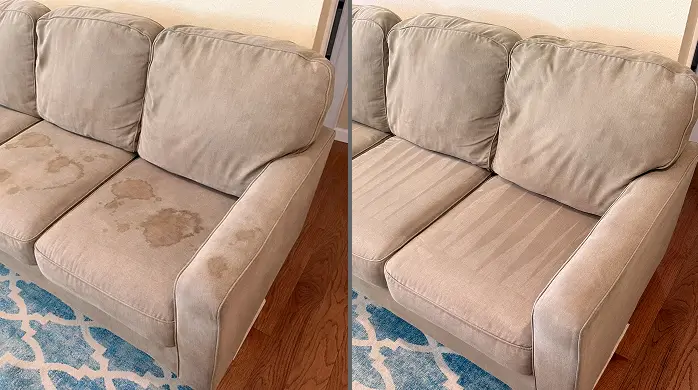 Old stain removal from sofa in Dallas restoring clean fabric upholstery