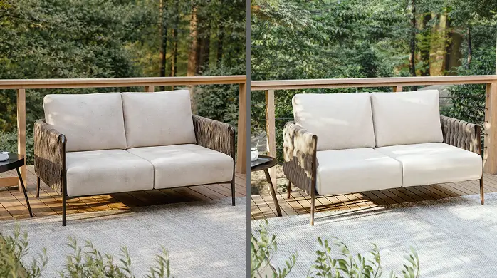 Patio loveseat cleaning in Dallas restoring outdoor fabric seating to fresh condition