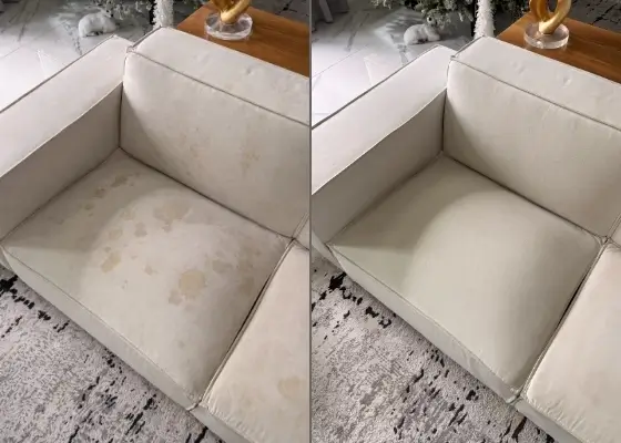 Spill stain removal from sofa in Dallas restoring clean and fresh fabric upholstery