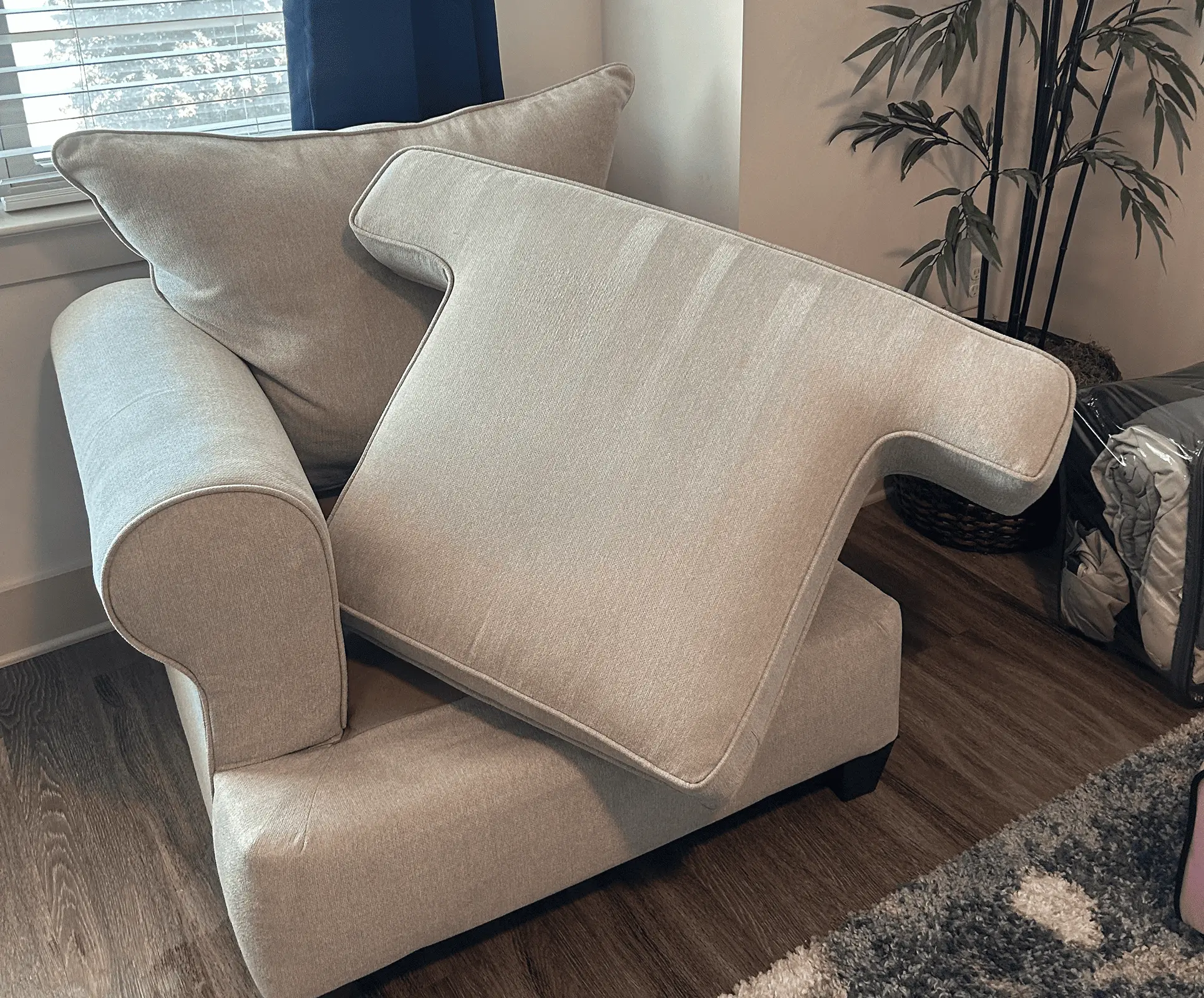 Beige armchair with cushions lifted for professional upholstery cleaning in a Dallas, TX pet home