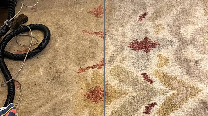 Before and after area rug cleaning on a beige patterned rug, with the colors brighter after deep cleaning