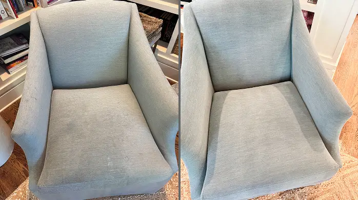 Before and after deep cleaning of a light blue fabric armchair, with dirt lifted from the seat and arms