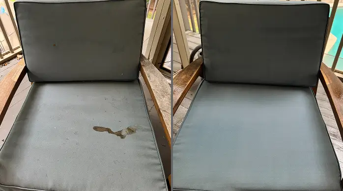 Before and after pet stain removal on a dark gray chair cushion, with the stain fully gone