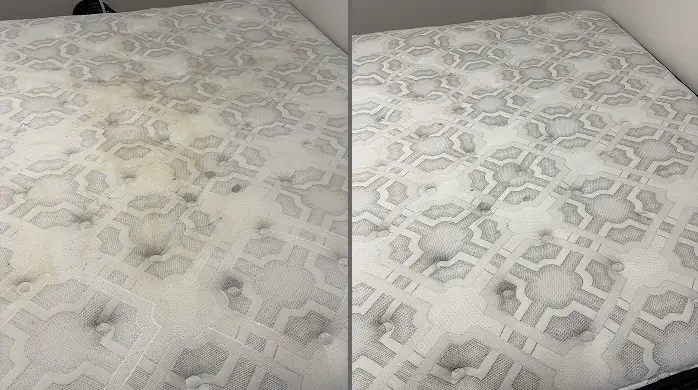 Before and after professional mattress cleaning on a patterned mattress, with dark spots lifted