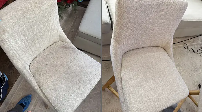 Before and after upholstery cleaning on a white fabric dining chair, with spill marks removed from the seat