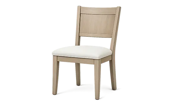 Wooden dining chair with a light fabric seat cushion