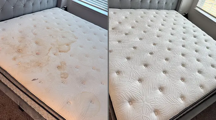 Before and after mattress cleaning on a white pillow-top mattress, with yellow stains removed