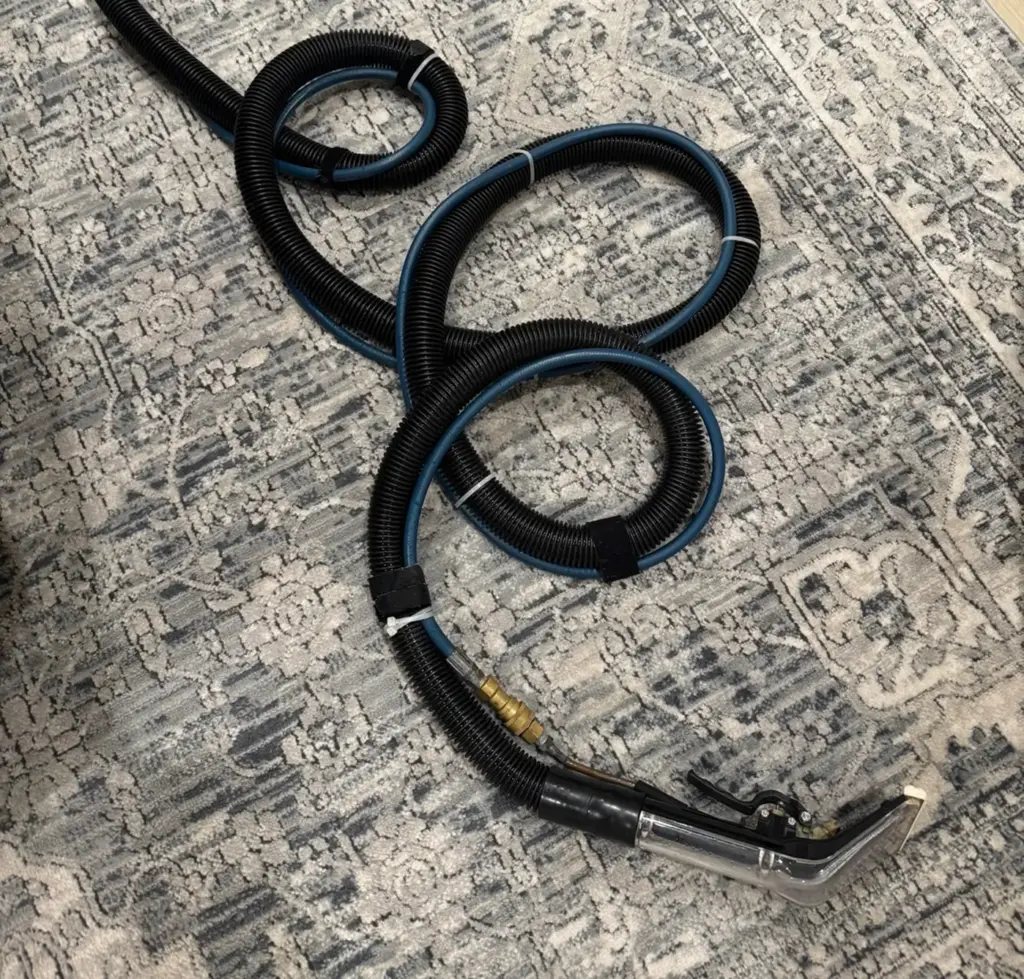 Hot water extraction hose and cleaning wand ready for rug cleaning on a gray area rug