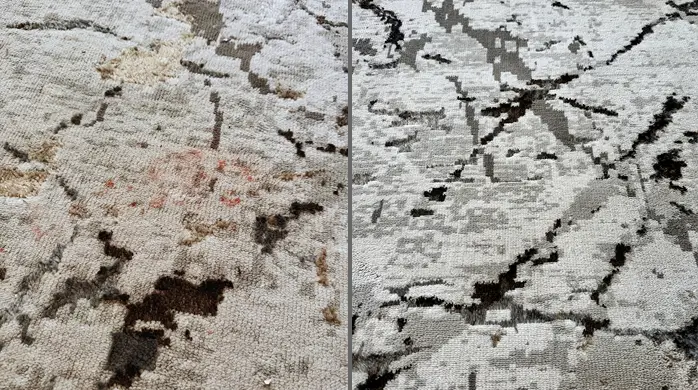 Before and after rug stain removal on a white and black patterned rug, with the colors kept intact