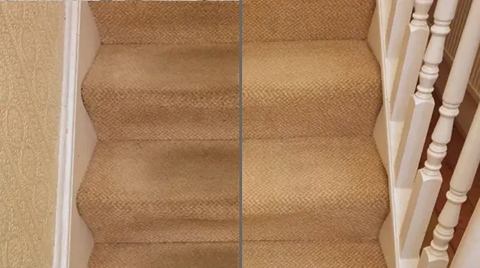 Before and after cleaning of a beige carpeted staircase, with dirty traffic marks removed from the steps