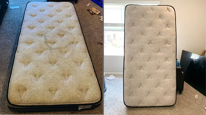 Before and after cleaning of a twin mattress, with yellowed fabric restored to a clean light color