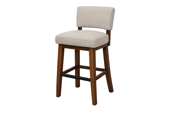 Wooden bar stool with an upholstered beige seat and back