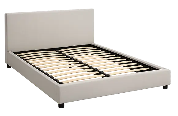 Light gray upholstered bed frame with wooden slats