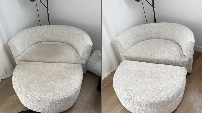 Before and after cleaning of a white curved armchair and round ottoman, with dingy fabric brightened